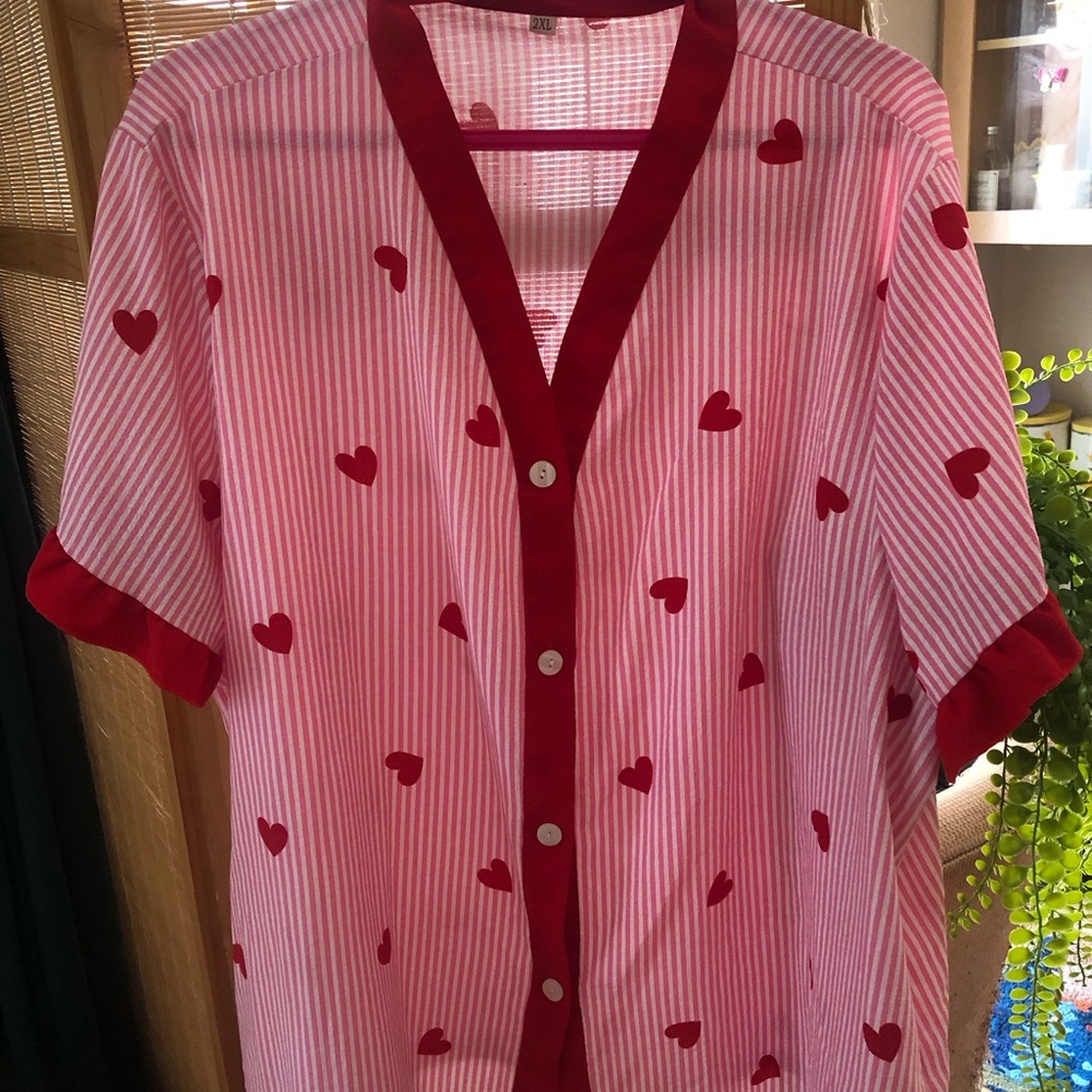 SHEIN Pink Striped Pajama Pants with Red Heart Print - Picture 2 of 5
